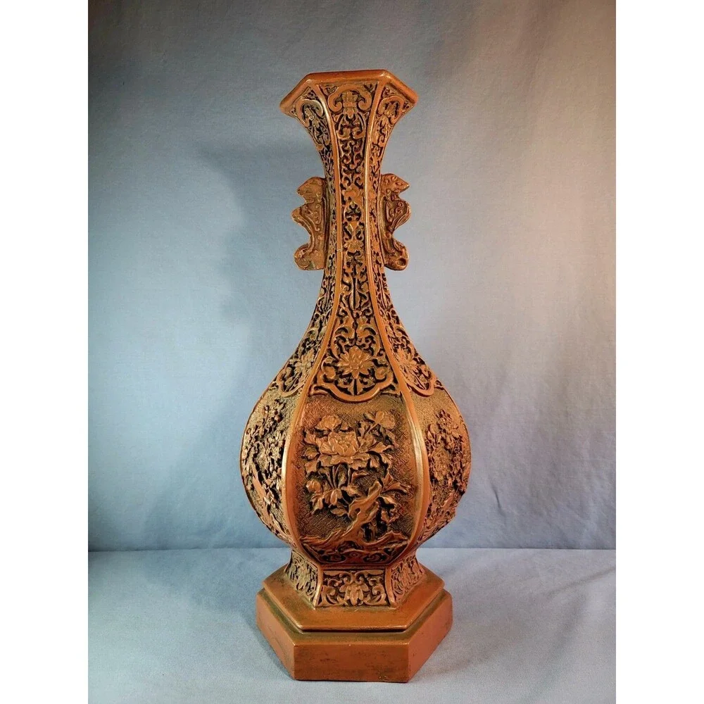 Red Carved Lacquerware Vase China Dynasty Flower Bottle 18.75''Tall Vessel